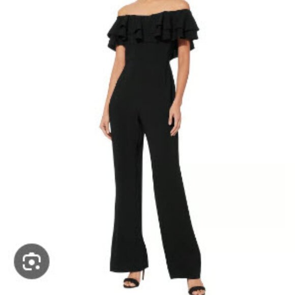 Women Intermix Mae Black Crepe Ruffled Off-The Shoulder Jumpsuit 2 - Picture 2 of 16